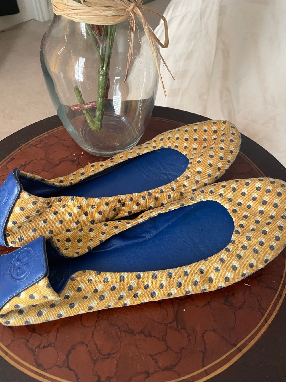 Tory Burch Yellow Polka Dot Ballet Flats with Blue Trim